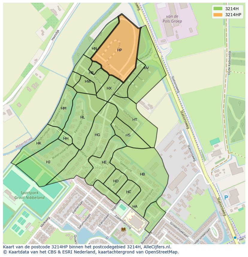 Afbeelding van het postcodegebied 3214 HP op de kaart.