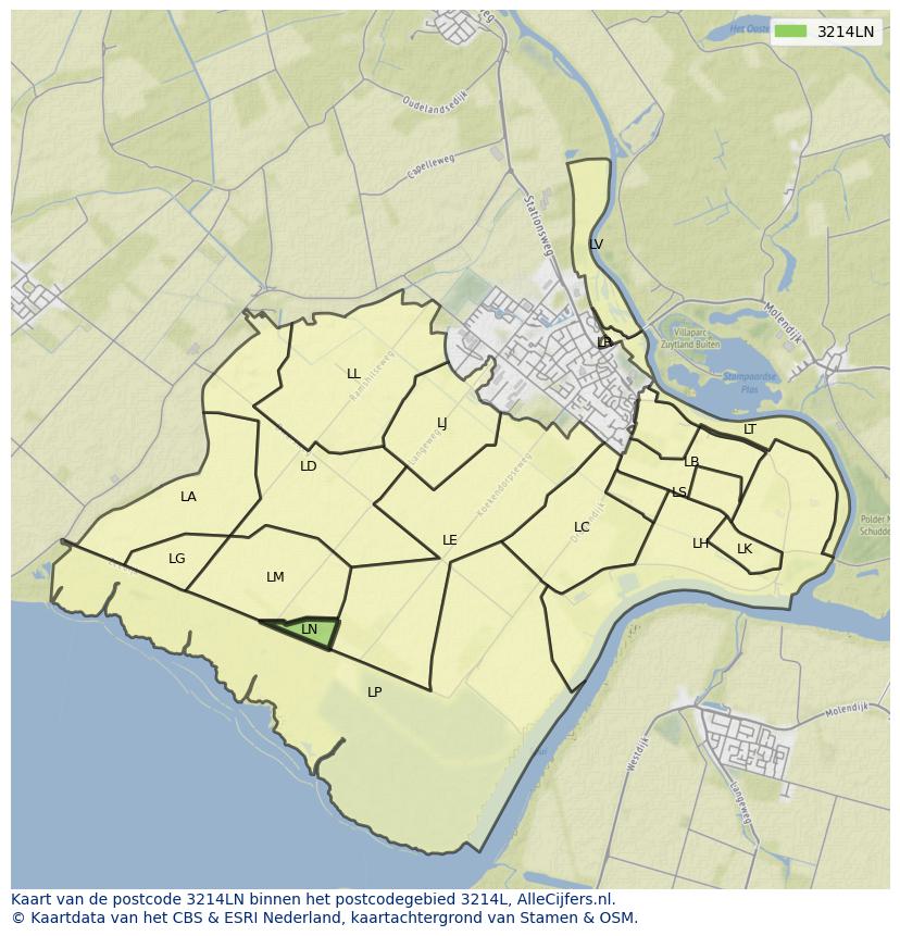 Afbeelding van het postcodegebied 3214 LN op de kaart.