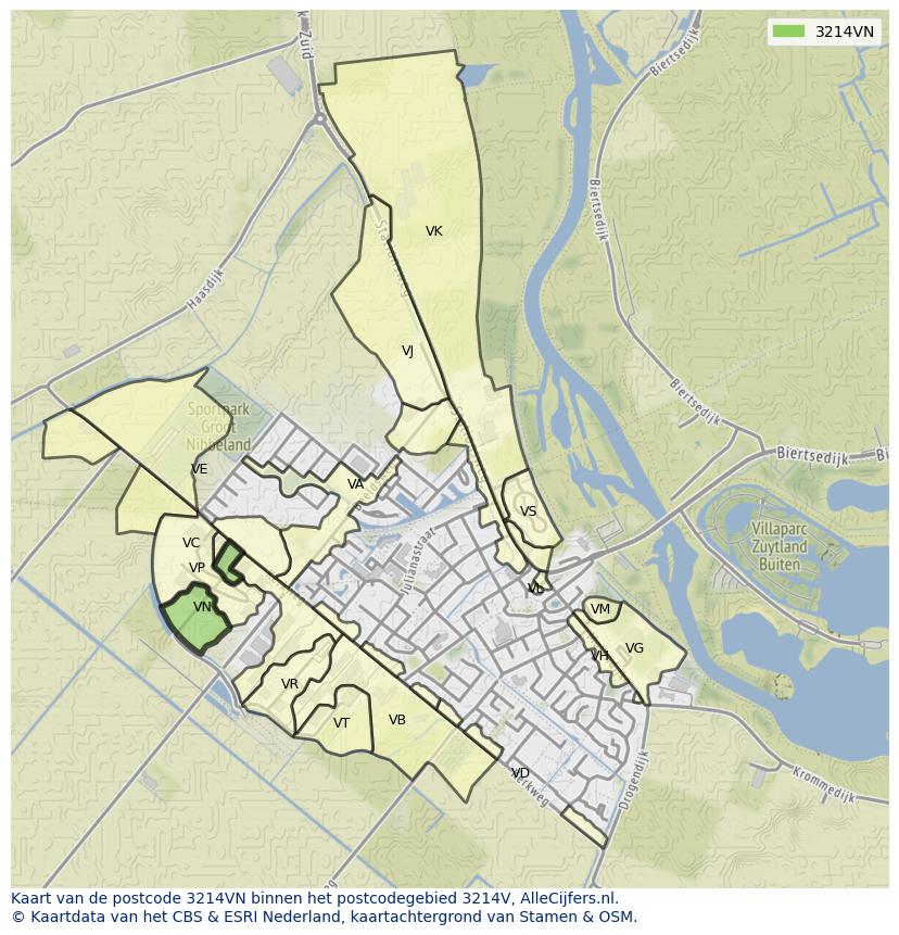 Afbeelding van het postcodegebied 3214 VN op de kaart.