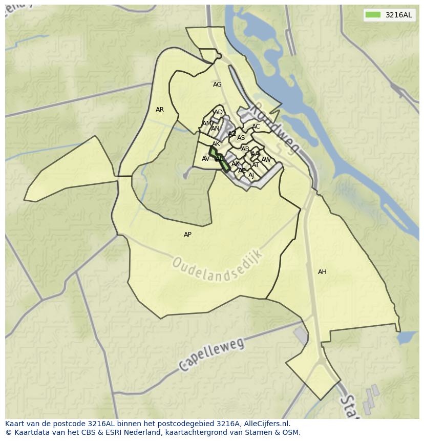 Afbeelding van het postcodegebied 3216 AL op de kaart.