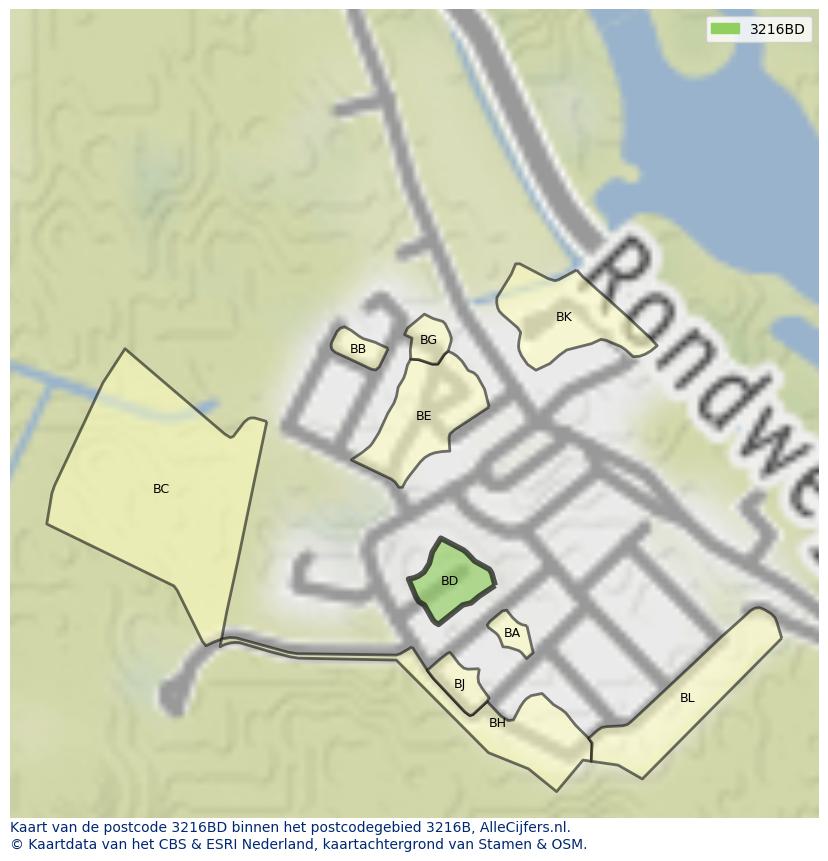 Afbeelding van het postcodegebied 3216 BD op de kaart.