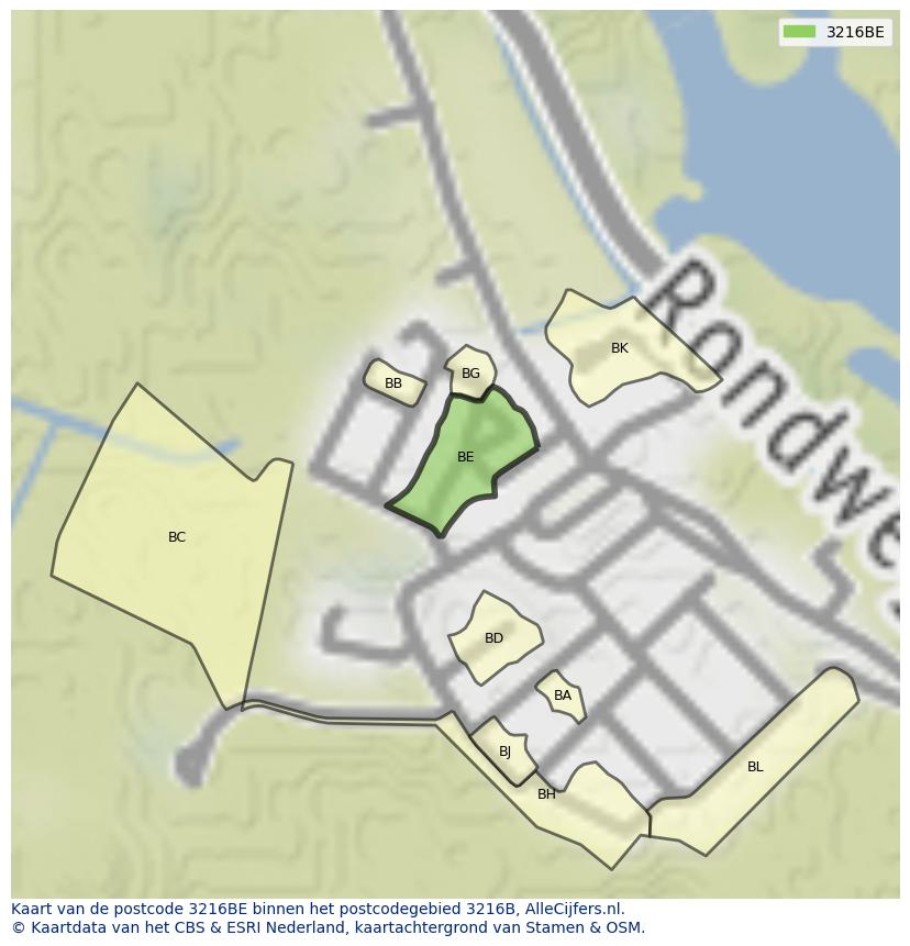 Afbeelding van het postcodegebied 3216 BE op de kaart.