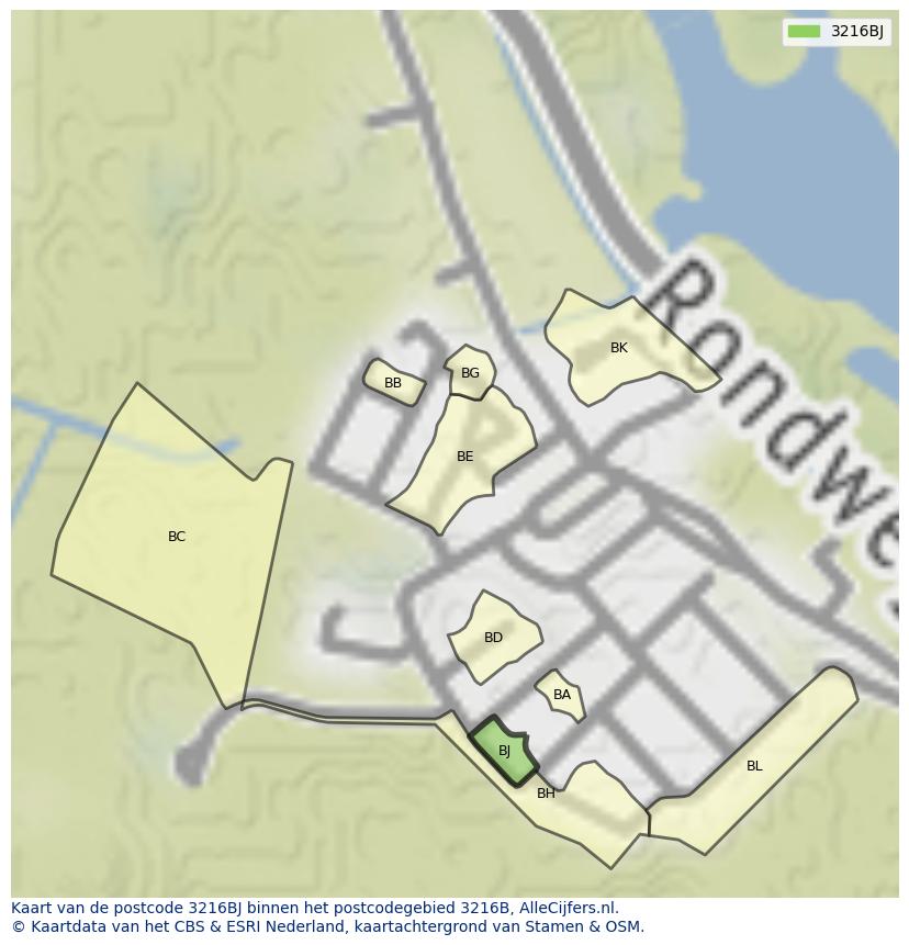 Afbeelding van het postcodegebied 3216 BJ op de kaart.
