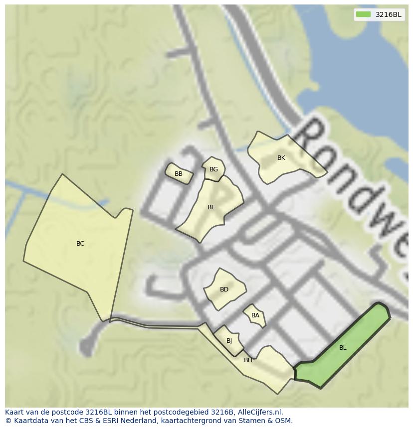 Afbeelding van het postcodegebied 3216 BL op de kaart.