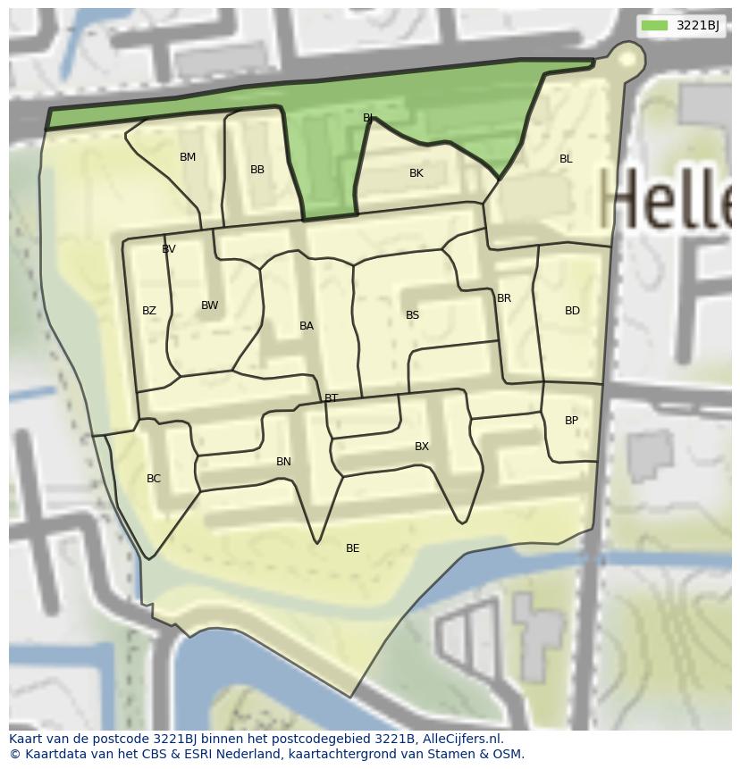 Afbeelding van het postcodegebied 3221 BJ op de kaart.