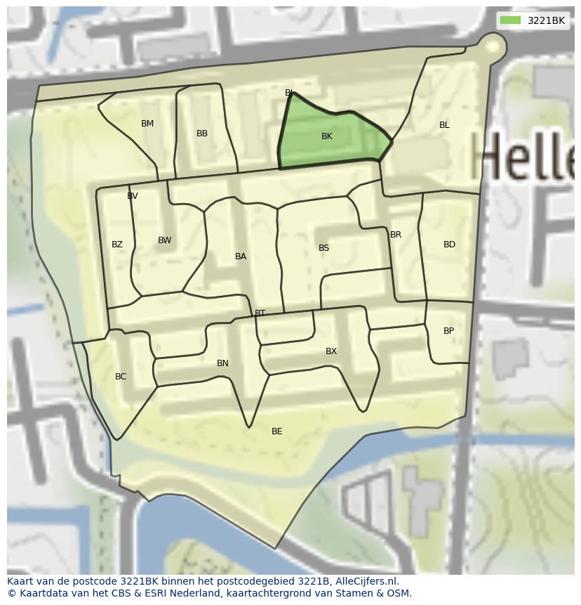 Afbeelding van het postcodegebied 3221 BK op de kaart.