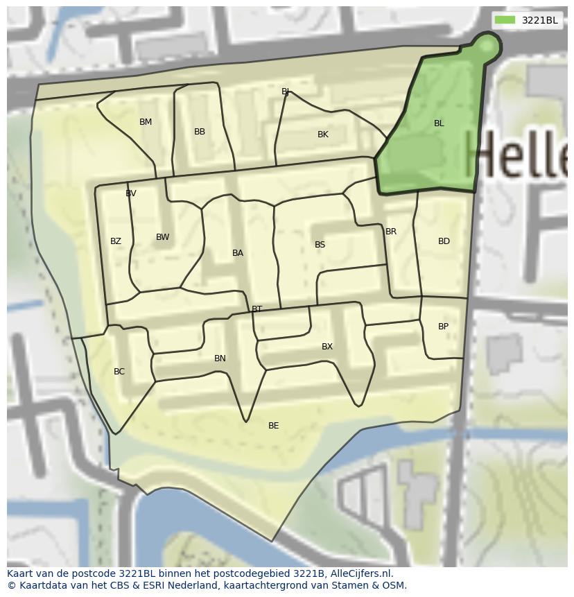 Afbeelding van het postcodegebied 3221 BL op de kaart.
