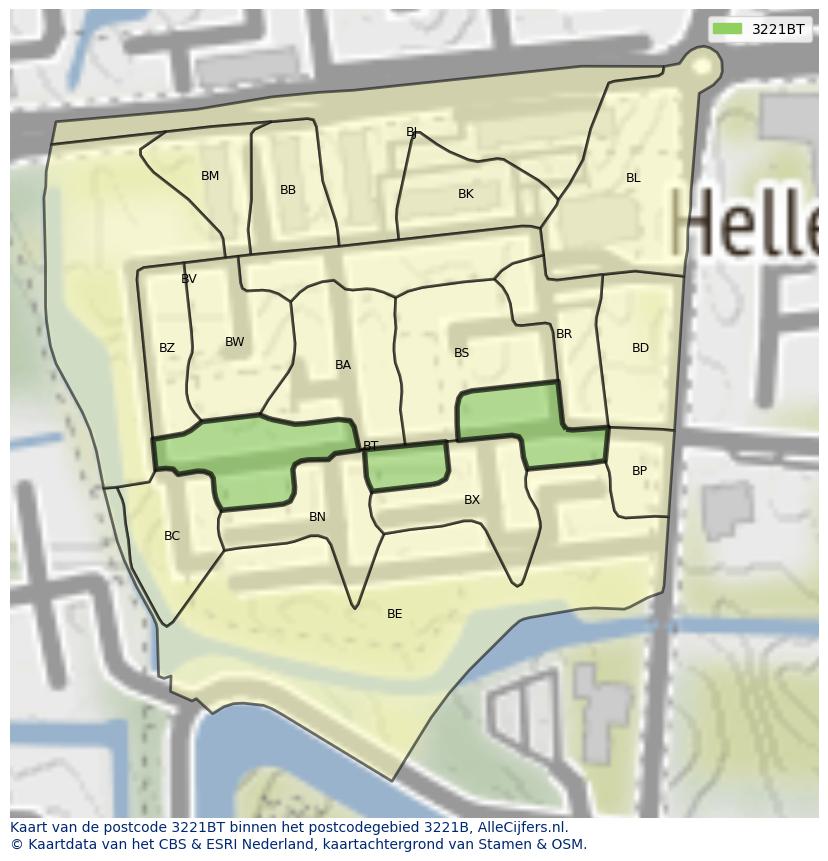 Afbeelding van het postcodegebied 3221 BT op de kaart.