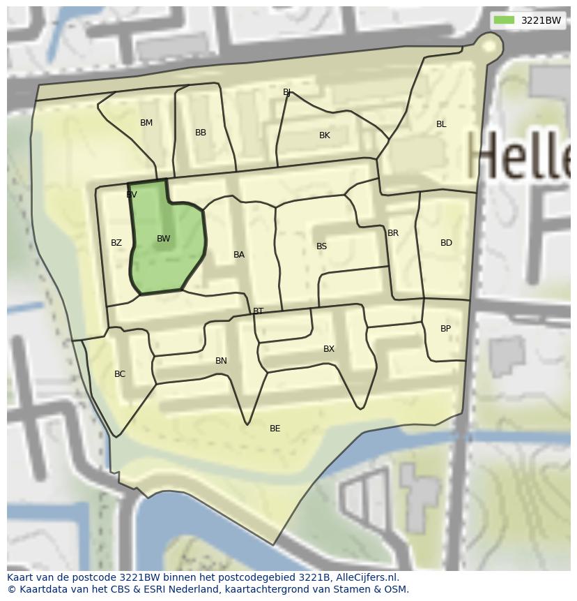 Afbeelding van het postcodegebied 3221 BW op de kaart.