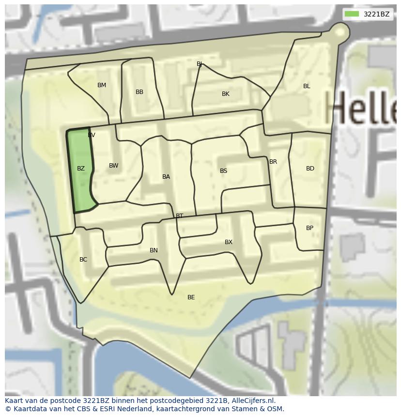 Afbeelding van het postcodegebied 3221 BZ op de kaart.
