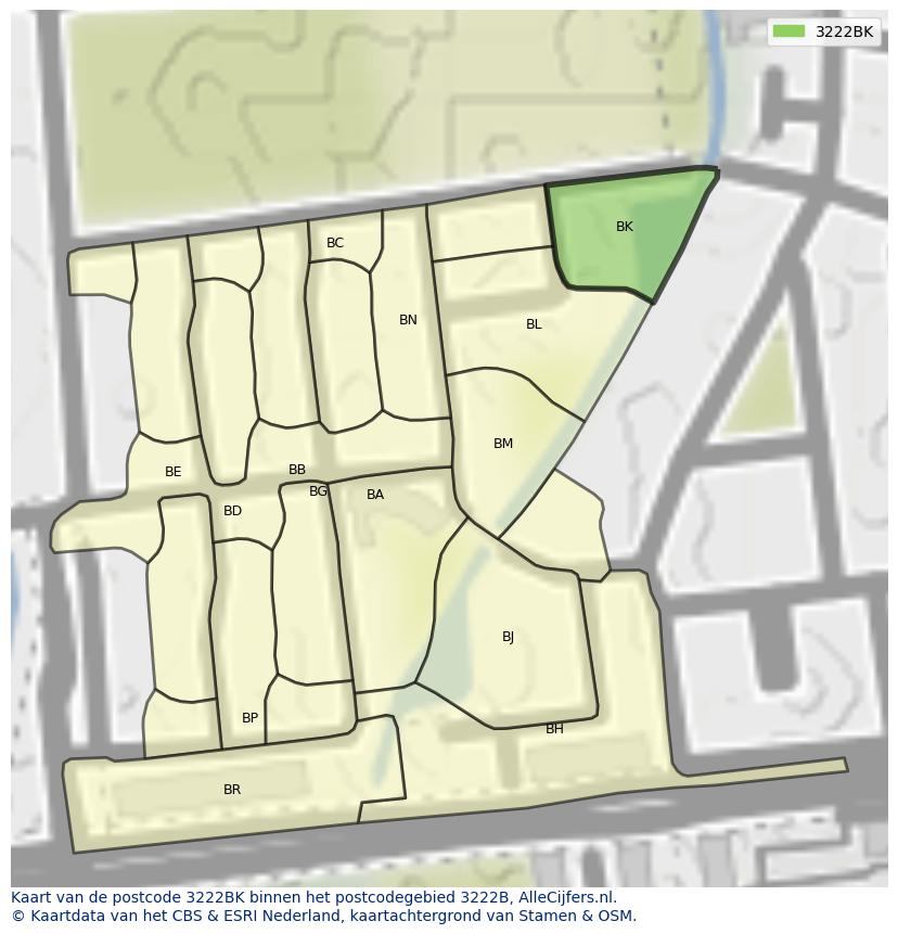 Afbeelding van het postcodegebied 3222 BK op de kaart.