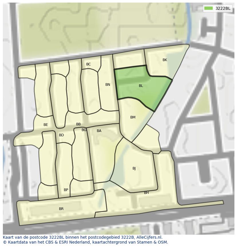 Afbeelding van het postcodegebied 3222 BL op de kaart.