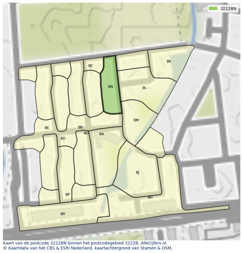 Afbeelding van het postcodegebied 3222 BN op de kaart.