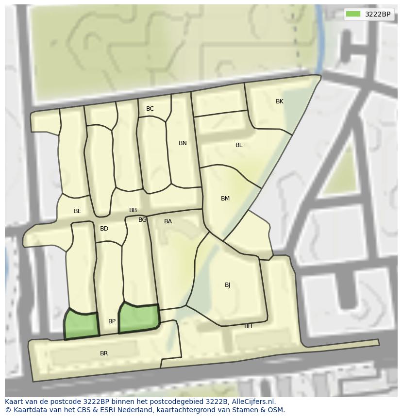 Afbeelding van het postcodegebied 3222 BP op de kaart.