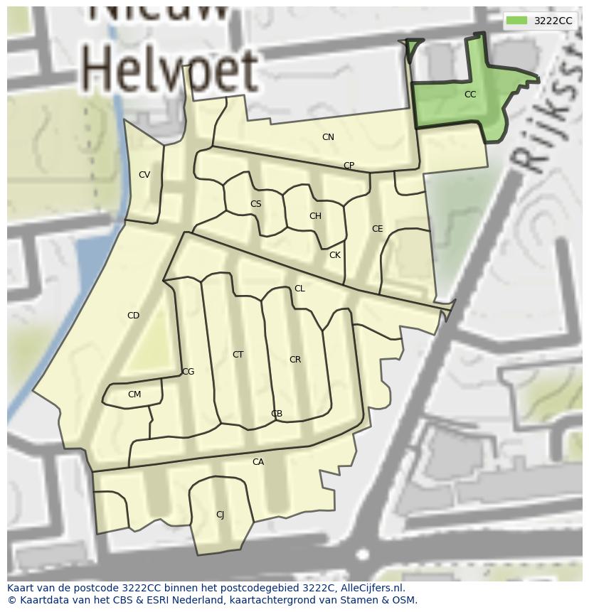 Afbeelding van het postcodegebied 3222 CC op de kaart.