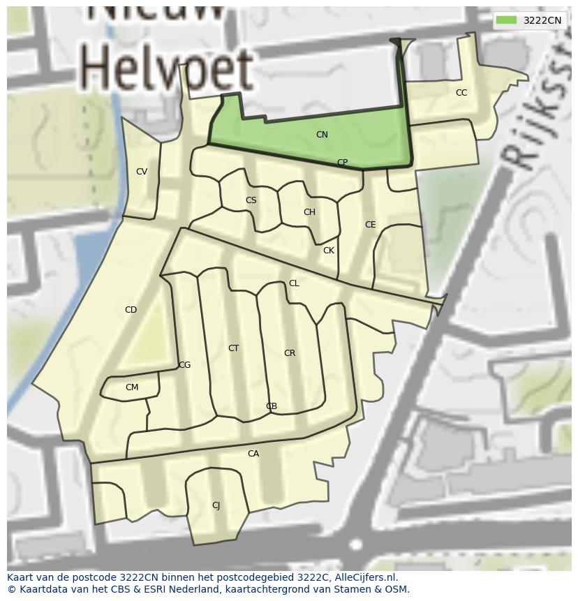 Afbeelding van het postcodegebied 3222 CN op de kaart.