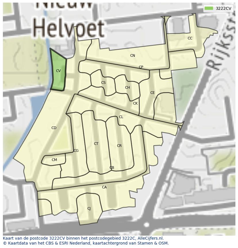 Afbeelding van het postcodegebied 3222 CV op de kaart.