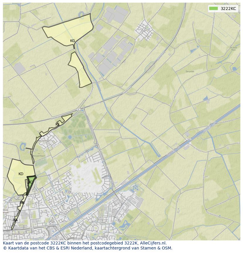 Afbeelding van het postcodegebied 3222 KC op de kaart.
