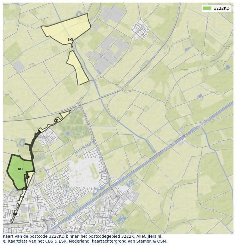 Afbeelding van het postcodegebied 3222 KD op de kaart.