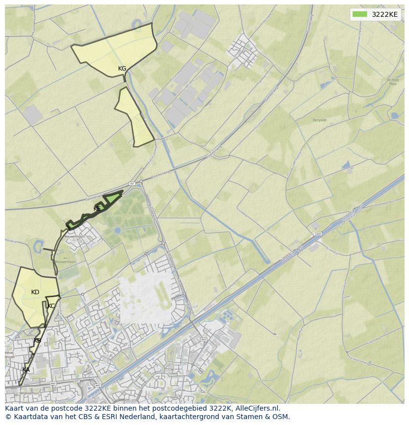Afbeelding van het postcodegebied 3222 KE op de kaart.