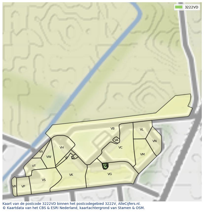 Afbeelding van het postcodegebied 3222 VD op de kaart.