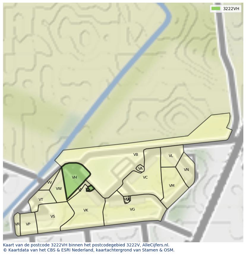 Afbeelding van het postcodegebied 3222 VH op de kaart.