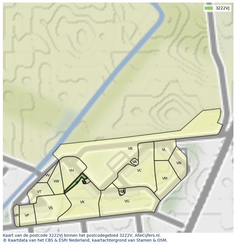 Afbeelding van het postcodegebied 3222 VJ op de kaart.