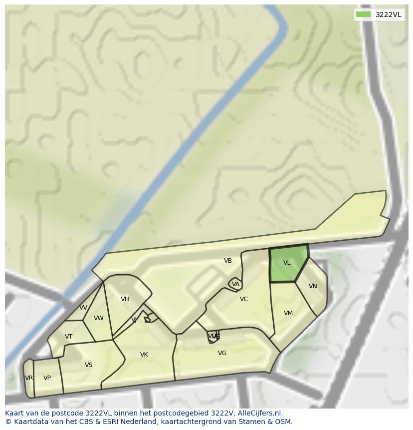 Afbeelding van het postcodegebied 3222 VL op de kaart.