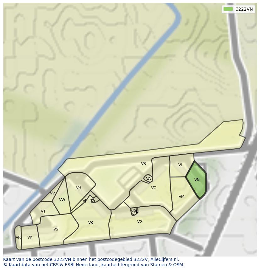 Afbeelding van het postcodegebied 3222 VN op de kaart.