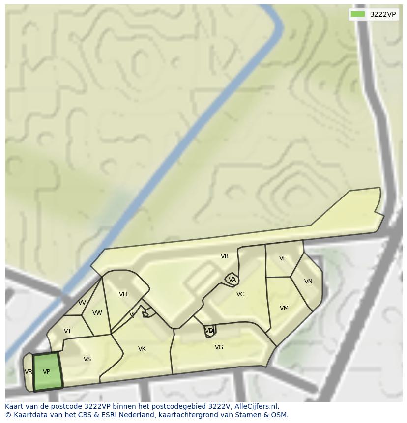 Afbeelding van het postcodegebied 3222 VP op de kaart.