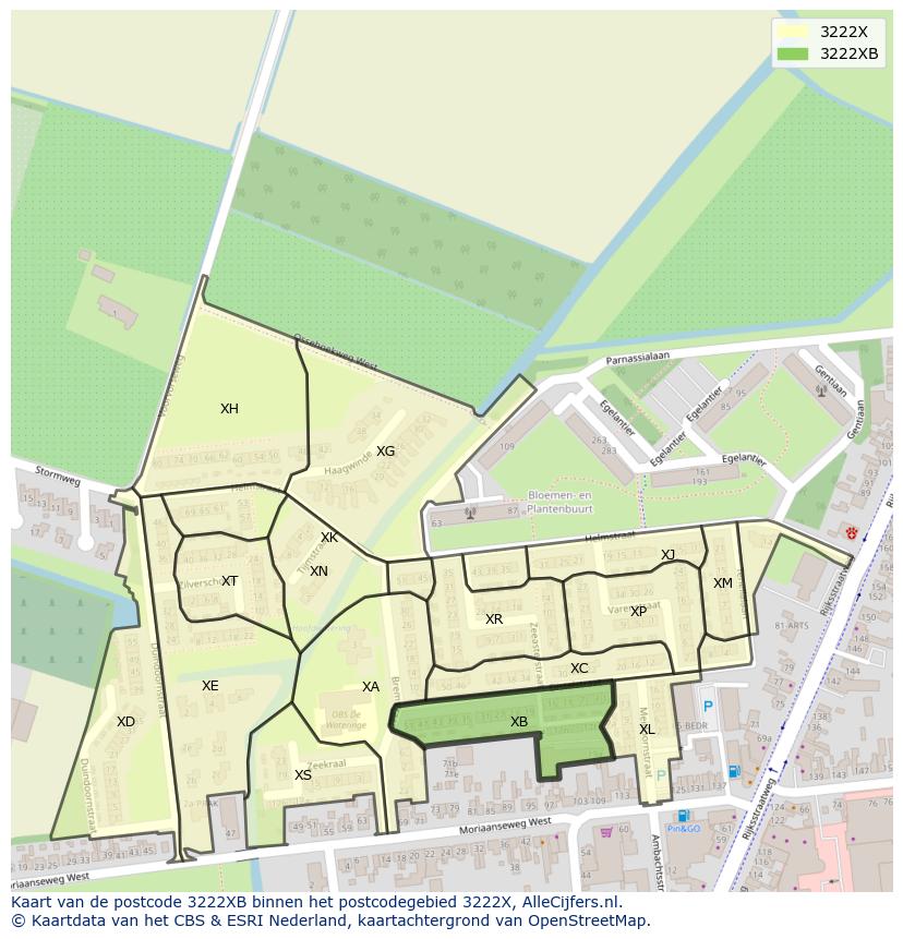 Afbeelding van het postcodegebied 3222 XB op de kaart.