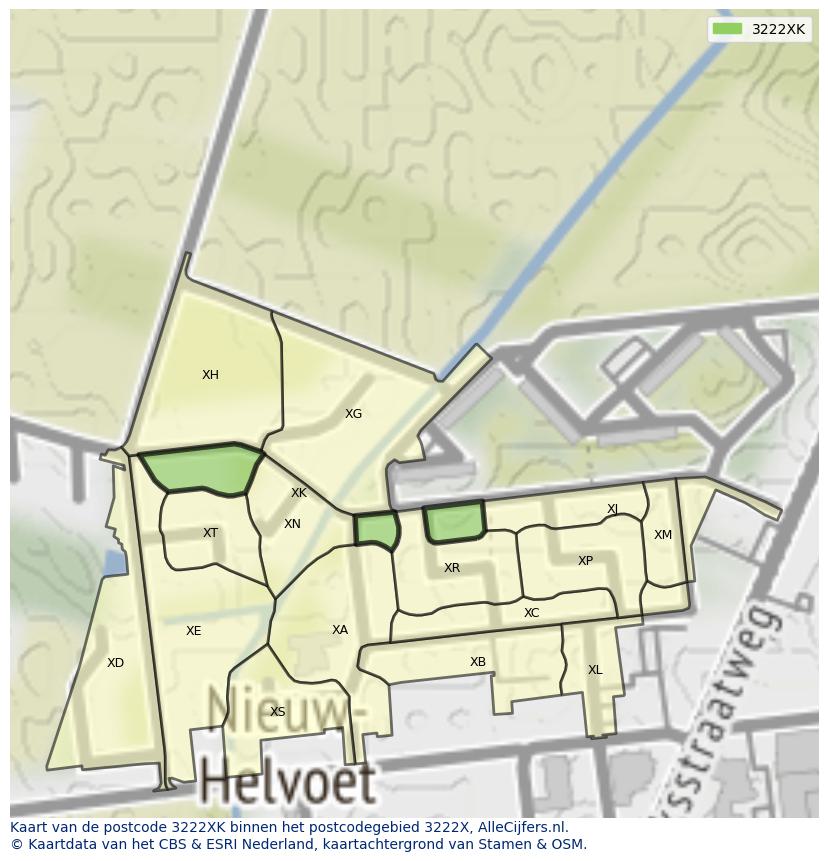 Afbeelding van het postcodegebied 3222 XK op de kaart.