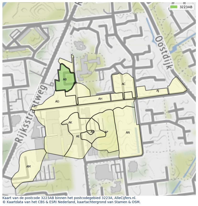 Afbeelding van het postcodegebied 3223 AB op de kaart.