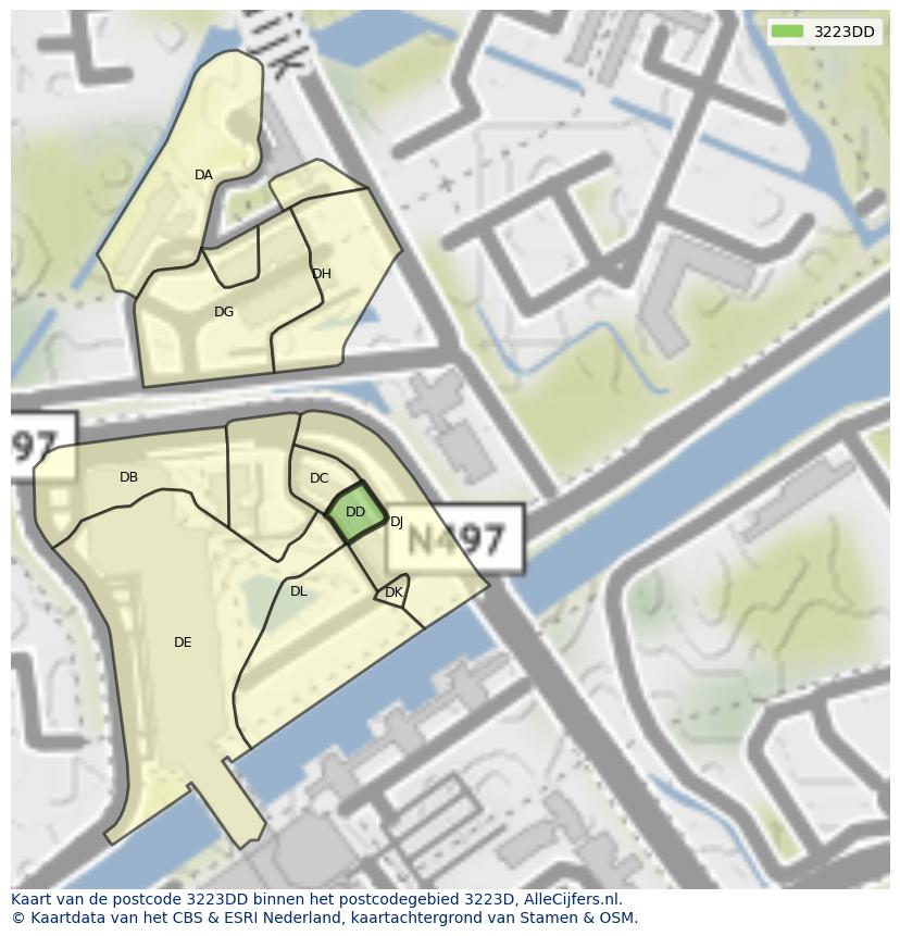 Afbeelding van het postcodegebied 3223 DD op de kaart.