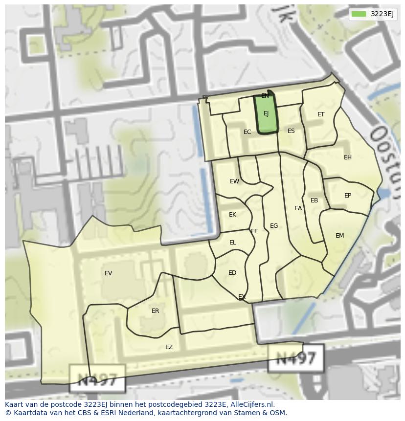 Afbeelding van het postcodegebied 3223 EJ op de kaart.