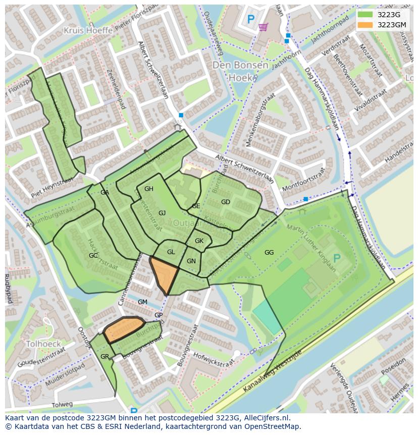 Afbeelding van het postcodegebied 3223 GM op de kaart.