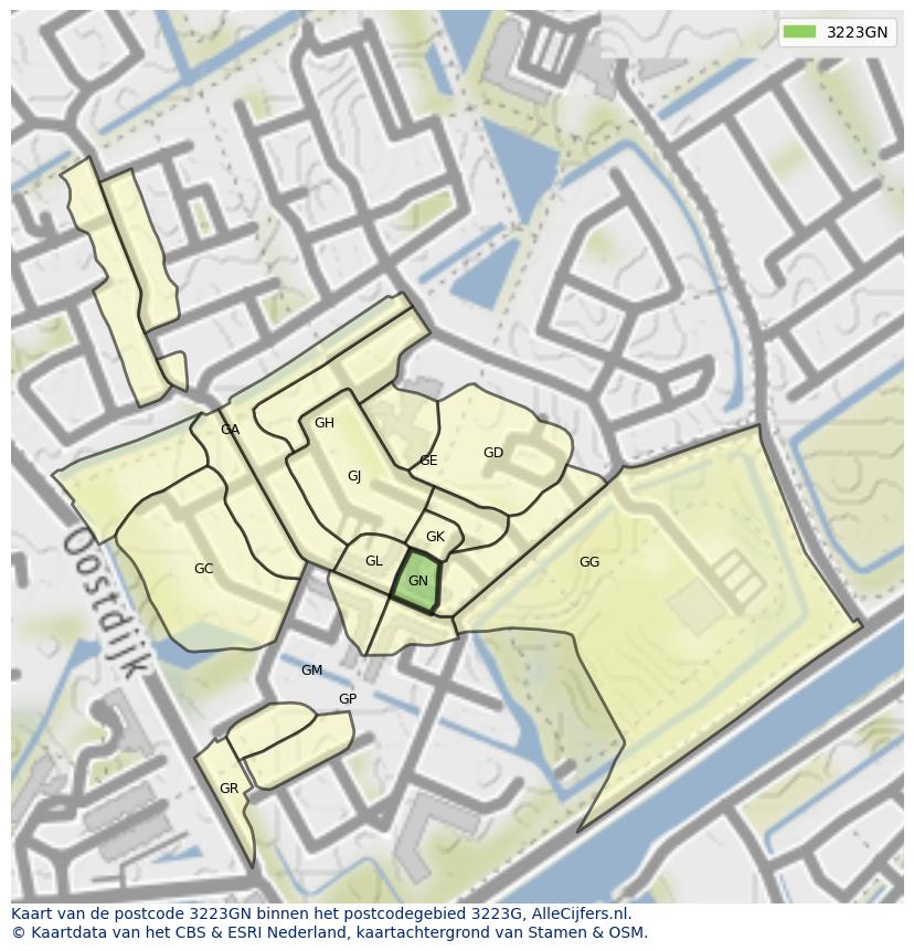 Afbeelding van het postcodegebied 3223 GN op de kaart.