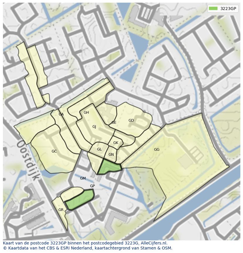 Afbeelding van het postcodegebied 3223 GP op de kaart.