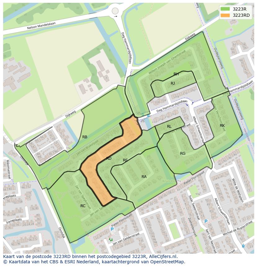Afbeelding van het postcodegebied 3223 RD op de kaart.