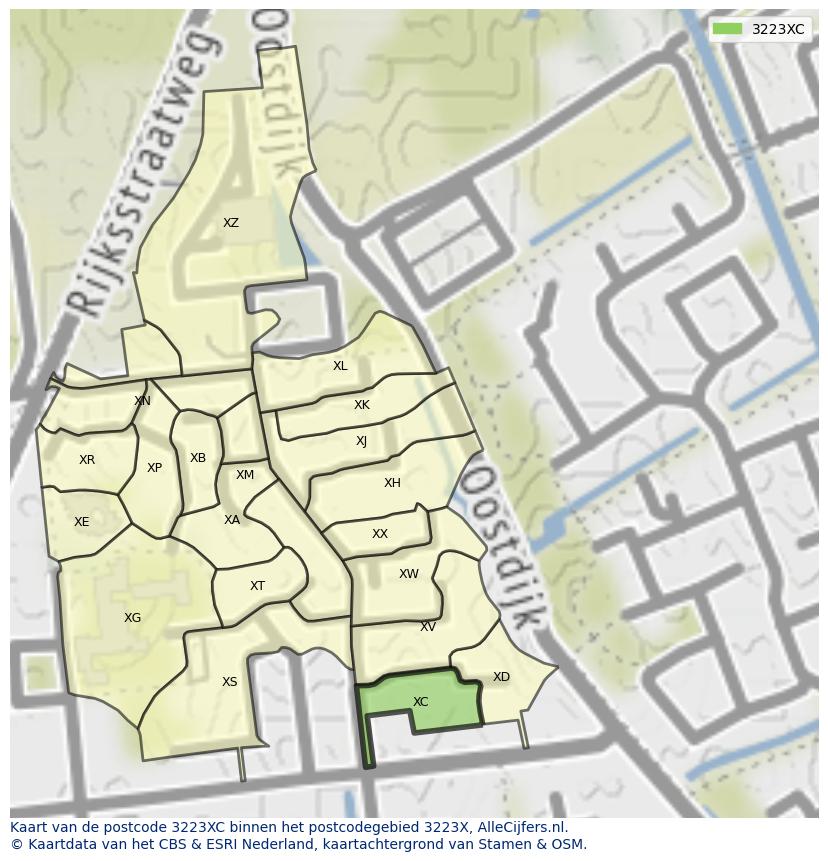 Afbeelding van het postcodegebied 3223 XC op de kaart.