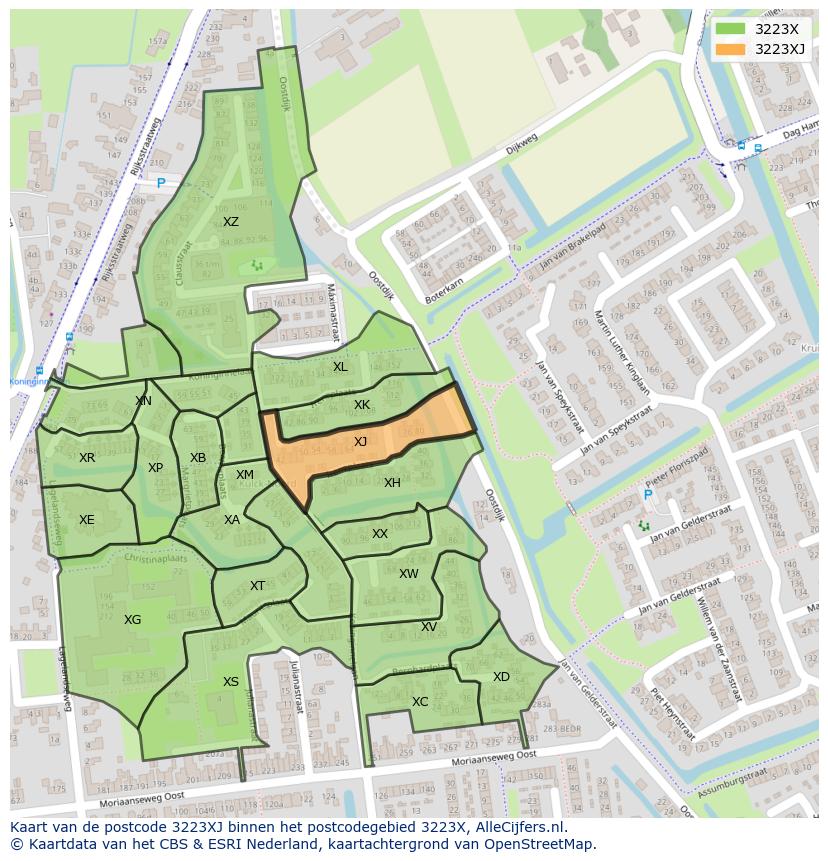 Afbeelding van het postcodegebied 3223 XJ op de kaart.