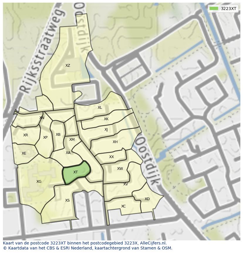 Afbeelding van het postcodegebied 3223 XT op de kaart.