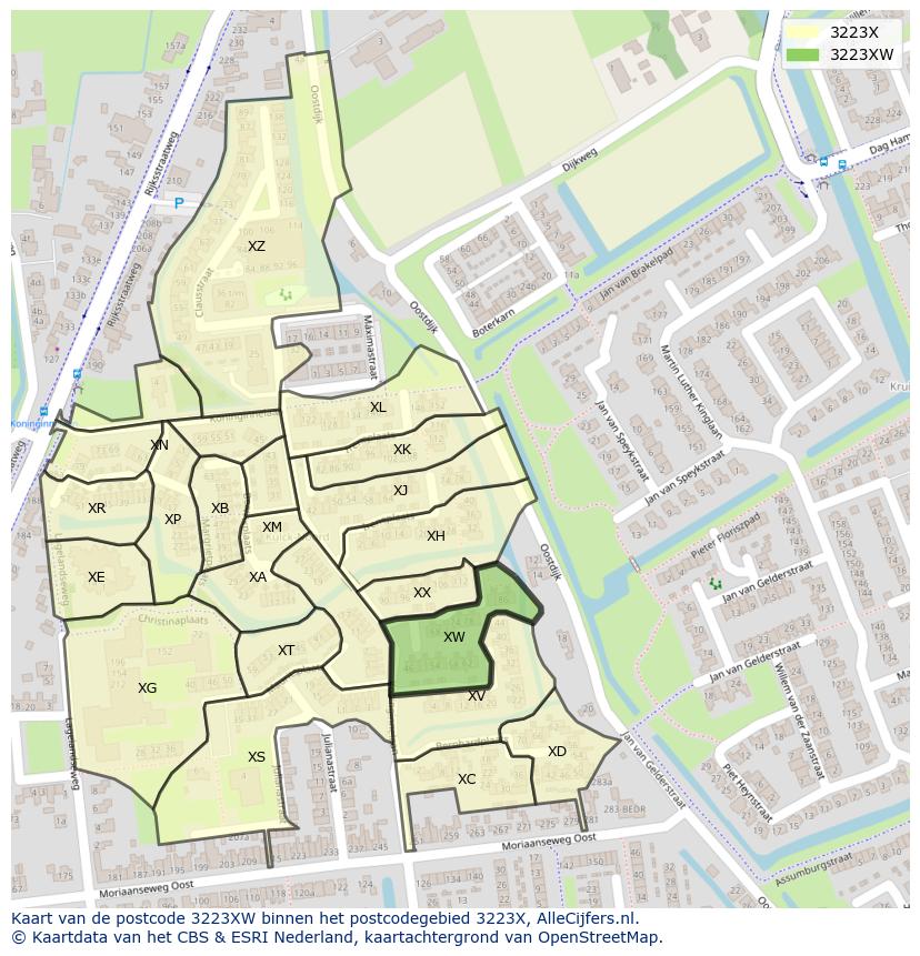 Afbeelding van het postcodegebied 3223 XW op de kaart.