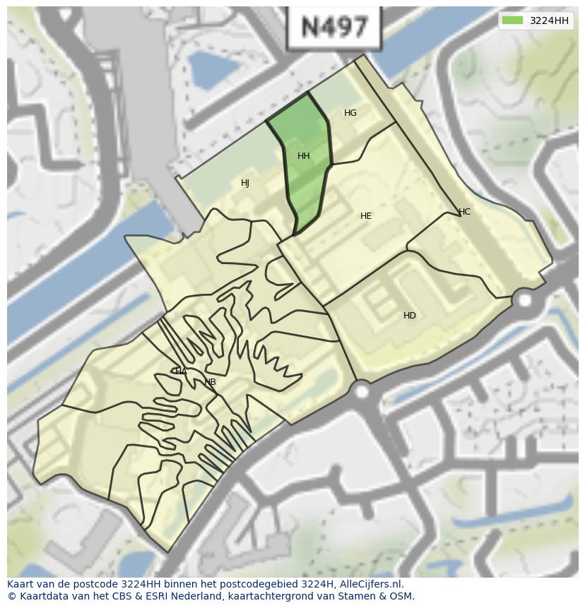 Afbeelding van het postcodegebied 3224 HH op de kaart.