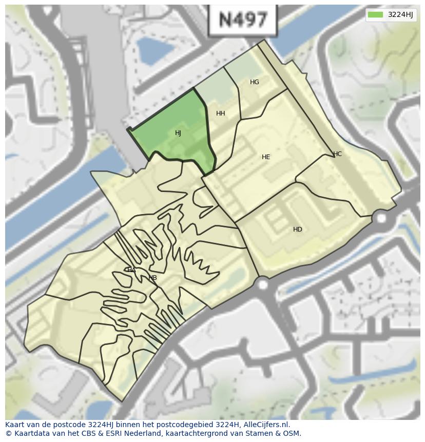 Afbeelding van het postcodegebied 3224 HJ op de kaart.