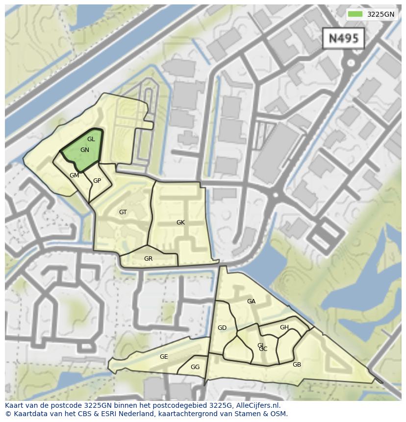 Afbeelding van het postcodegebied 3225 GN op de kaart.