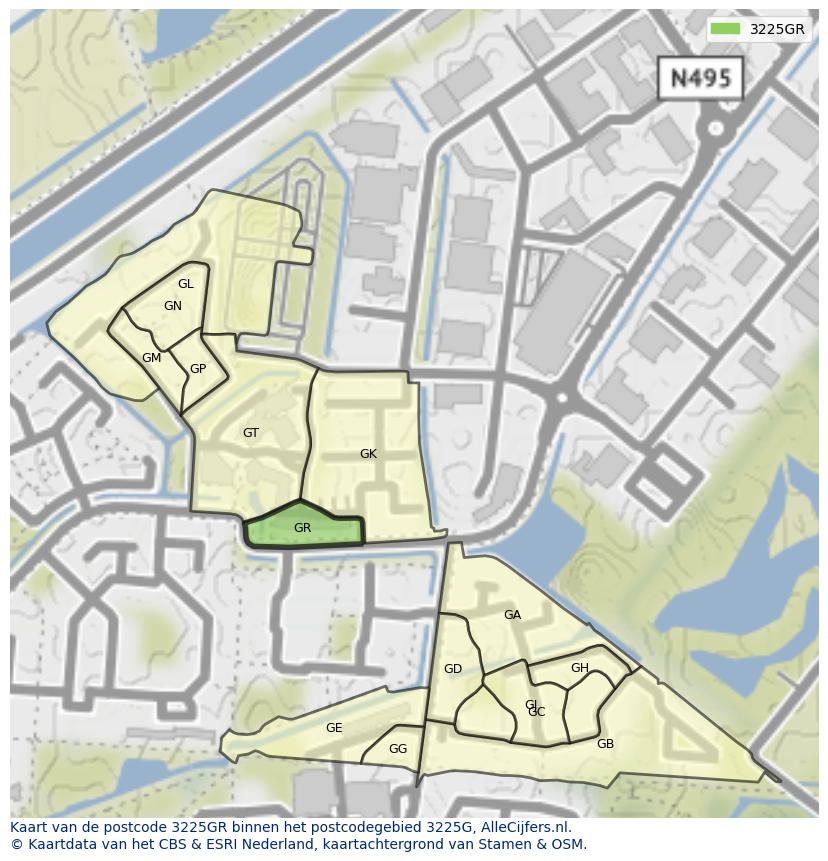 Afbeelding van het postcodegebied 3225 GR op de kaart.