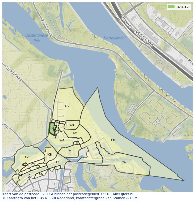 Afbeelding van het postcodegebied 3231 CA op de kaart.