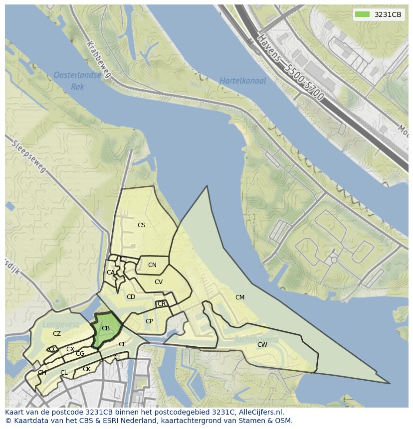 Afbeelding van het postcodegebied 3231 CB op de kaart.