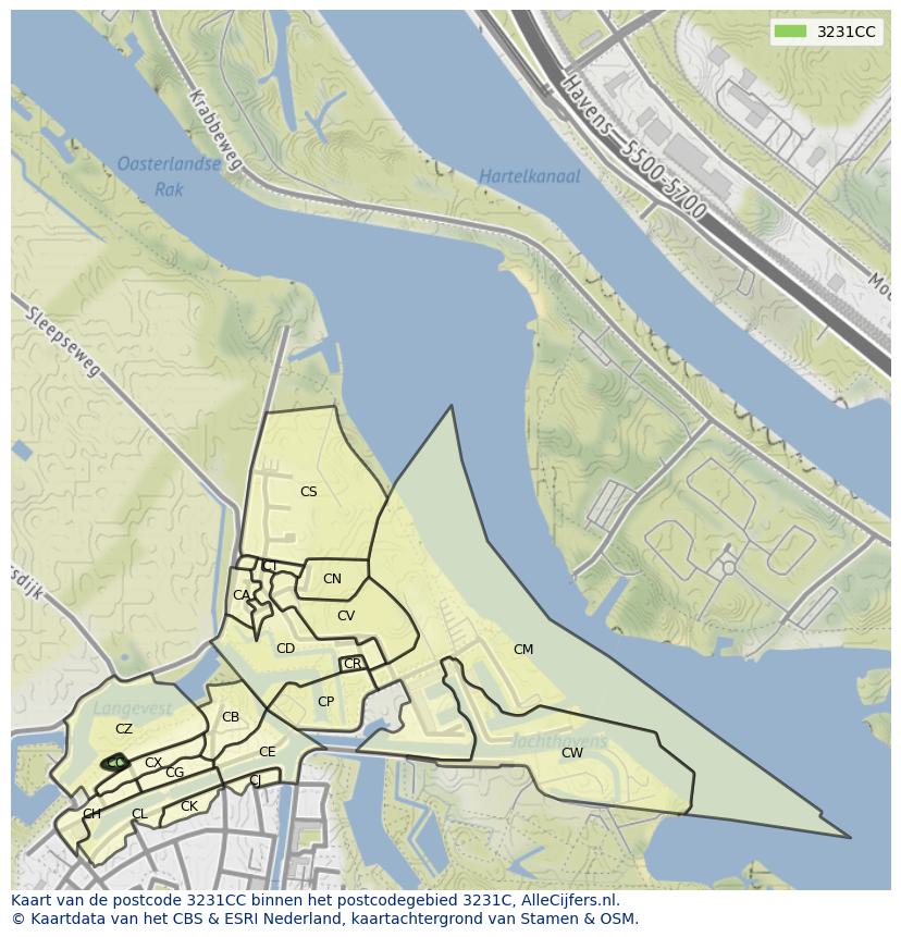 Afbeelding van het postcodegebied 3231 CC op de kaart.